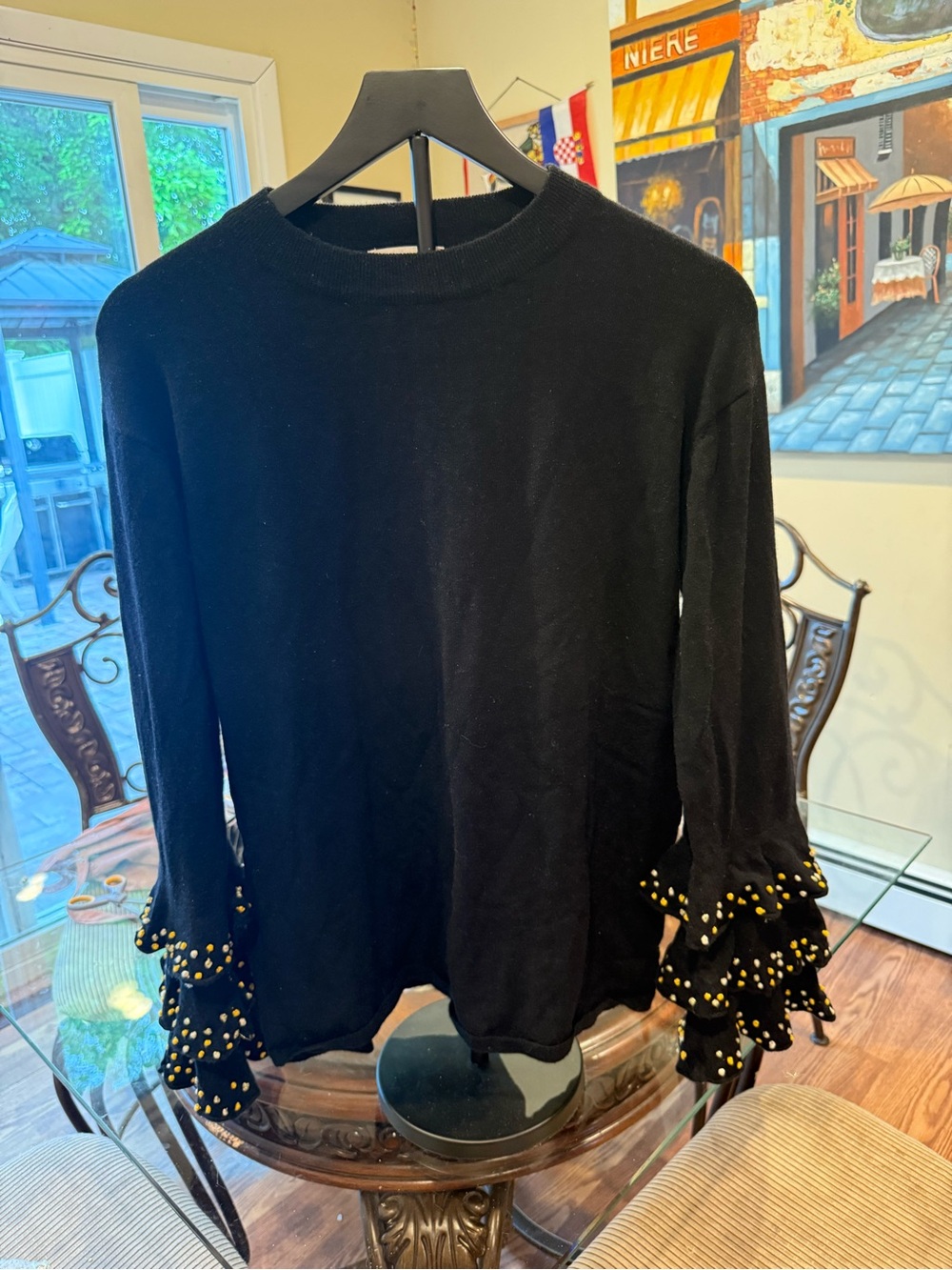 THML Women's Ruffle Sleeve Sweater with Gold Stud Detail